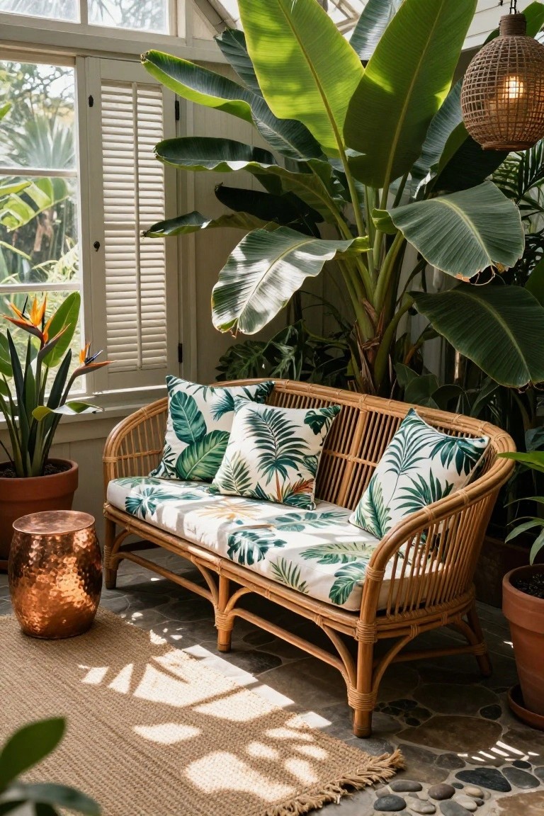 Rattan loveseat with white and green tropical leaf cushions in a glass-enclosed sunroom surrounded by large banana plants, potted greenery, a copper stool, and a jute rug on a pebble floor.
