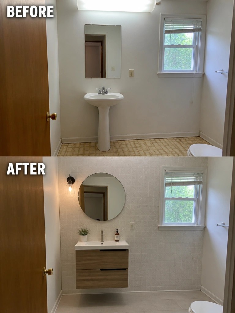 Before and after bathroom remodel with pedestal sink and floating wood vanity