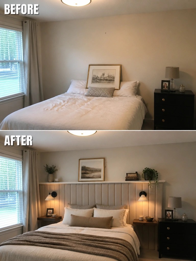 Before-and-after image of a bedroom with a plain wall behind the bed updated by adding an upholstered headboard, shelf, sconces, and matching nightstands.