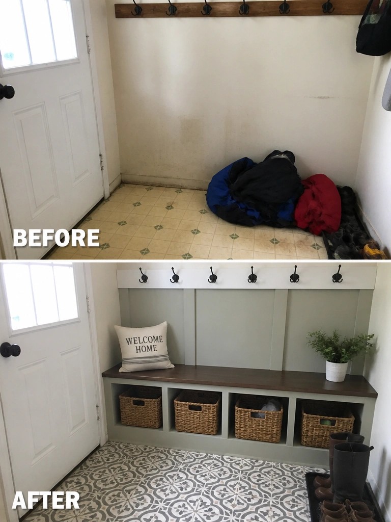 Before messy clothes pile, after organized bench with baskets, hooks, boots in entryway.