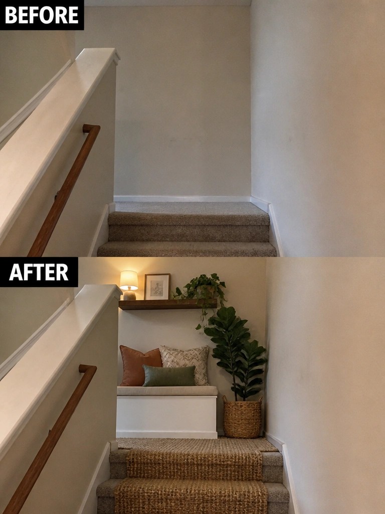 Before and after of plain staircase transformed with bench, plants, shelf and rugs.