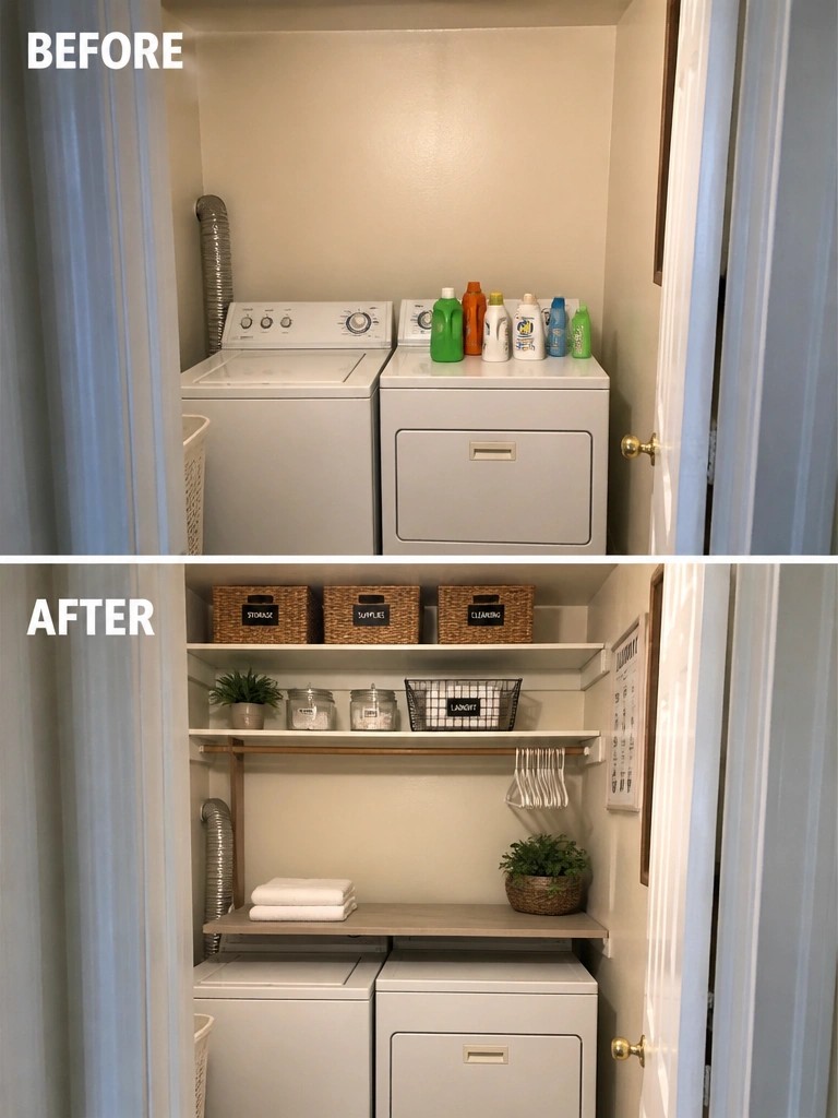 Before and after of cluttered laundry closet reorganized with shelves, baskets, and decor.