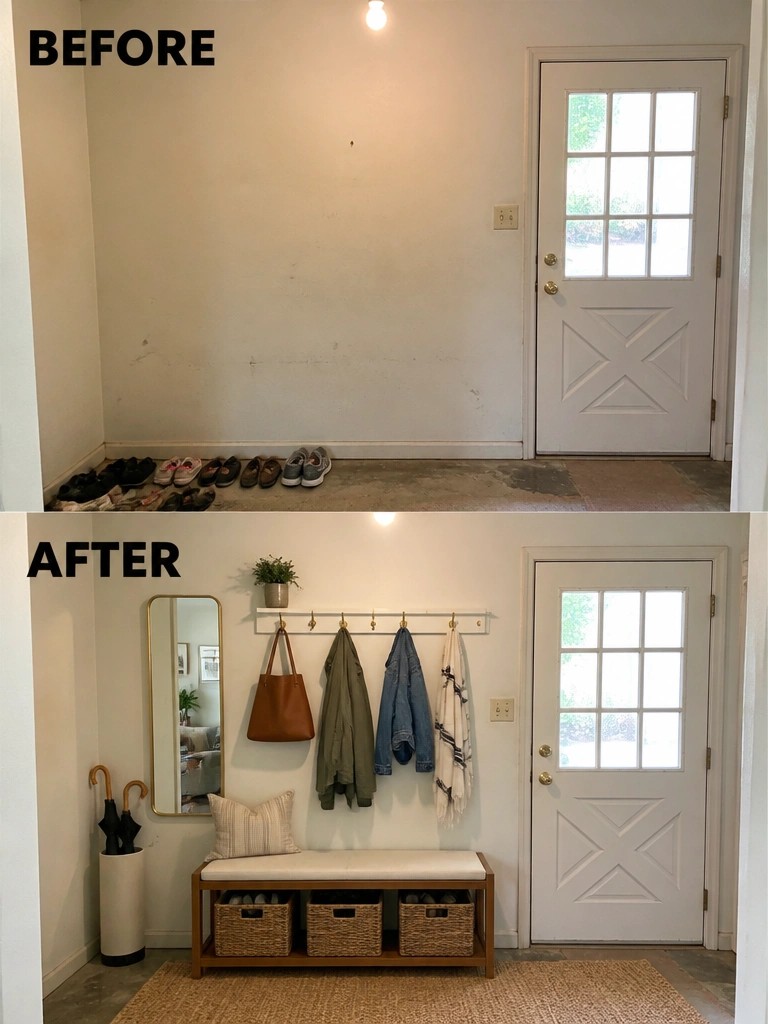 Before-and-after image of a plain entryway wall turned into a functional space with a storage bench, hooks, mirror, and umbrella stand.