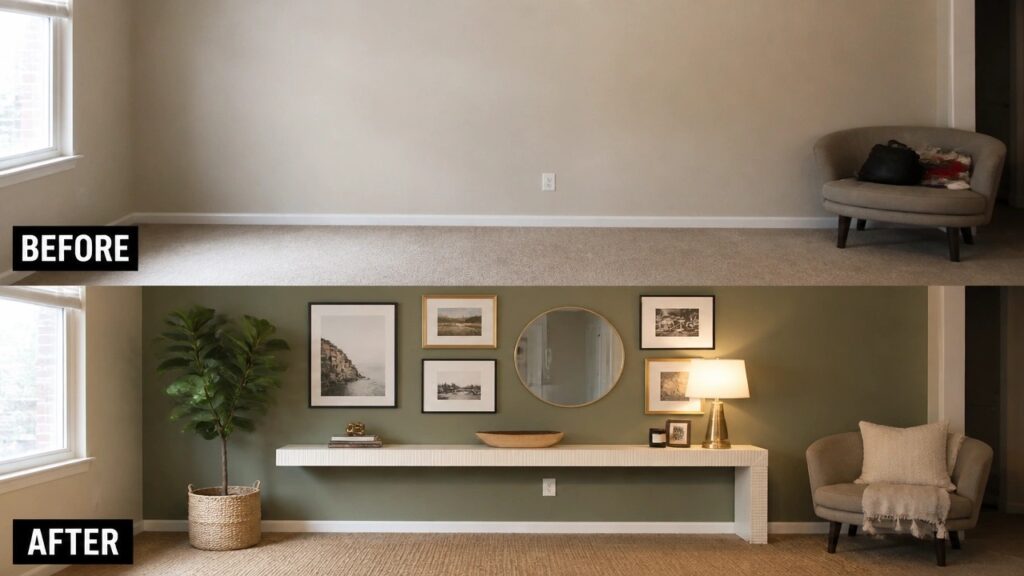 Before-and-after image of a plain room with beige walls transformed by green paint on one wall, a floating white console, and a gallery wall arrangement.