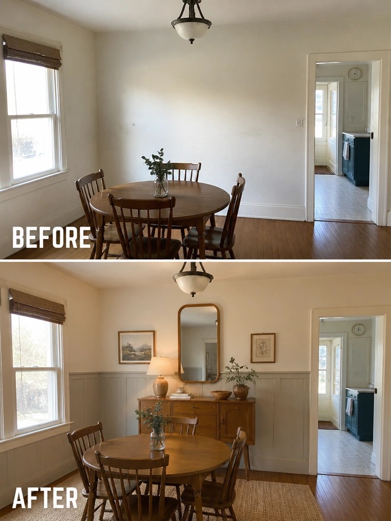 Before-and-after image of a dining room with bare walls updated with wainscoting, framed art, a mirror, and a console table.