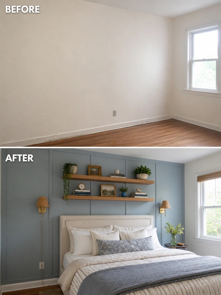 Before empty white room transformed into blue bedroom with bed and shelves.