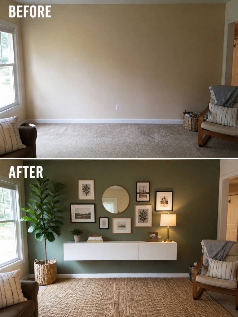 Before-and-after image of a plain room with beige walls transformed by green paint on one wall, a floating white console, and a gallery wall arrangement.