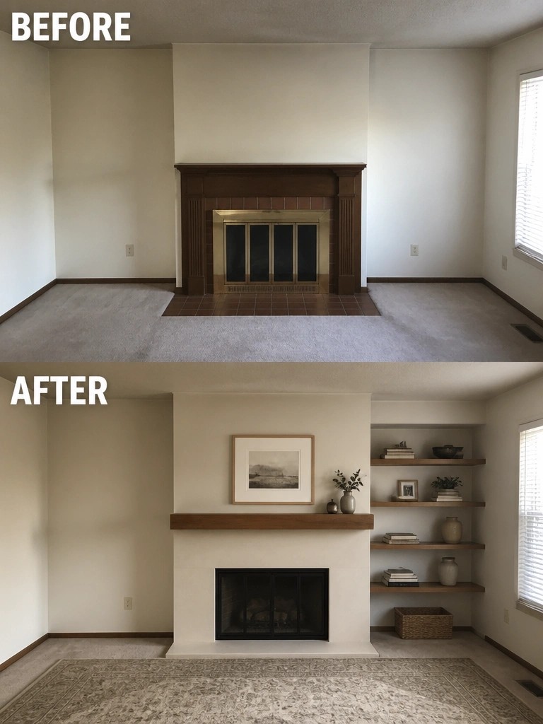 Before-and-after fireplace renovation with modern white surround and built-in shelves.