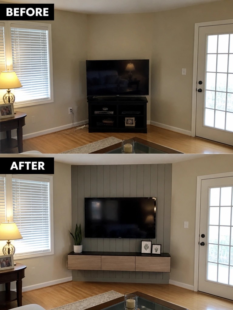 Before and after living room with wall-mounted TV and floating console.