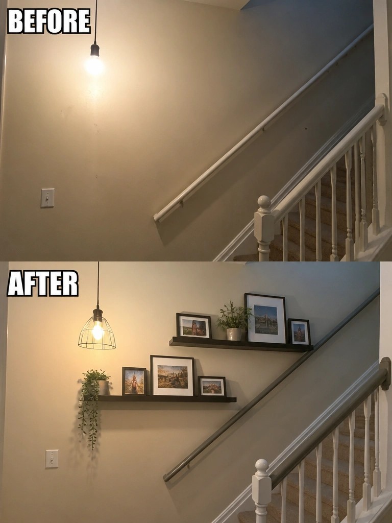 Before-and-after image of a plain staircase wall updated with floating shelves holding framed art and plants.