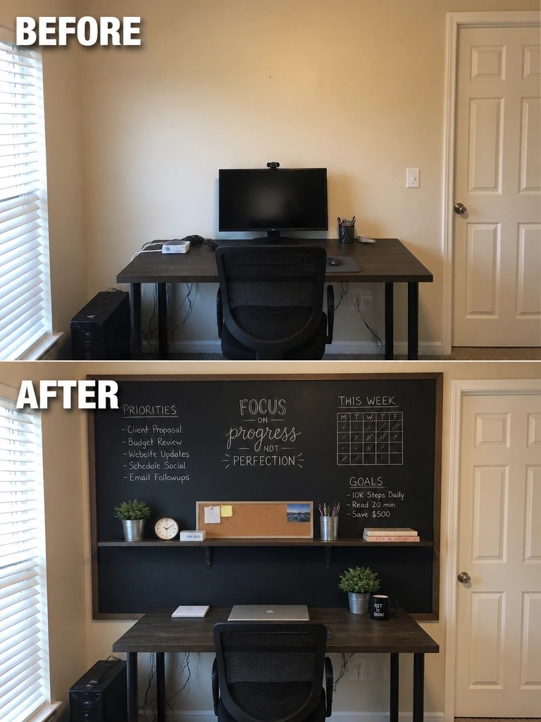Before-and-after image of a desk area where a plain wall was changed into a chalkboard wall with a shelf for storage and organization.