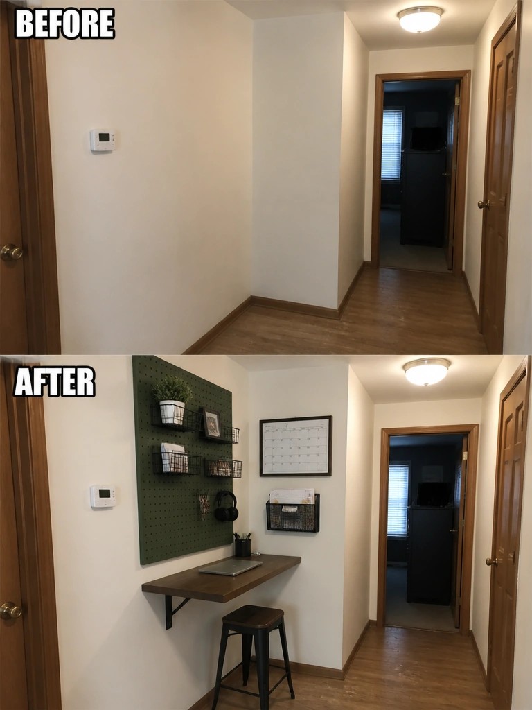 Before empty hallway and after with pegboard desk stool and wall organizers.