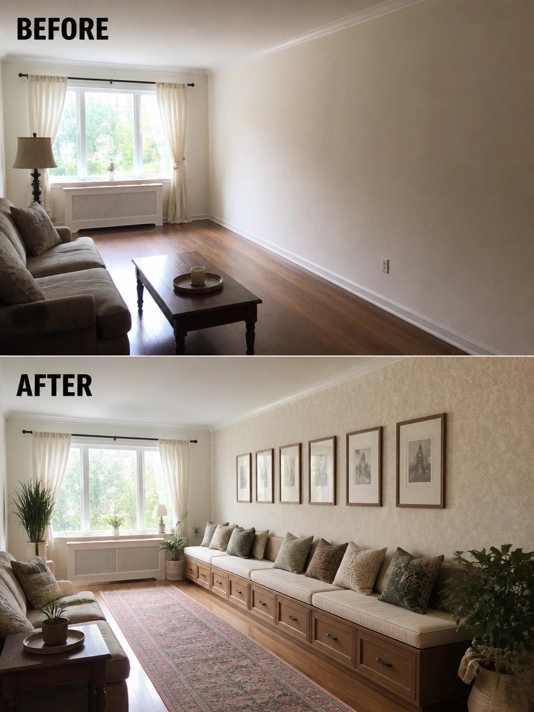 Before and after living room with storage bench, wallpaper, and framed art