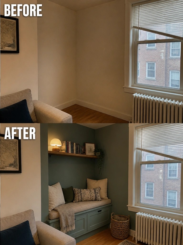 Before-and-after image of an empty room corner transformed into a built-in window seat with storage, a shelf, and cushions.