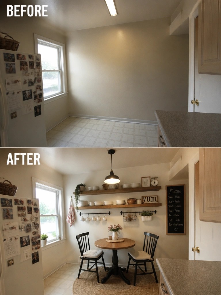 Before and after kitchen nook renovation with dining table and decor added.