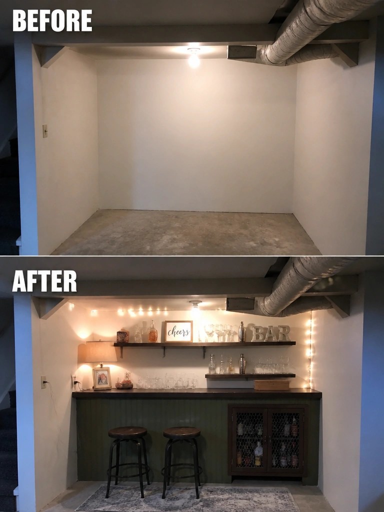 Before and after of empty basement transformed into green home bar