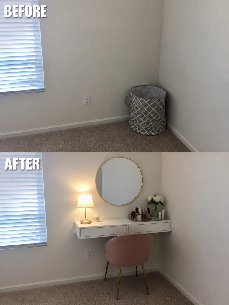 Before empty corner with basket, after white vanity desk, round mirror, pink chair.