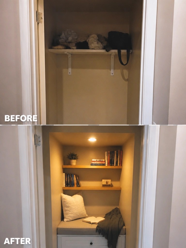 Before cluttered closet shelf with clothes; after cozy nook with books, pillow, and light.