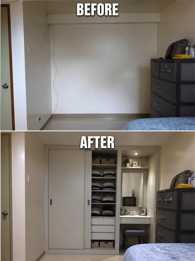 Before and after of bedroom with new white sliding closet, shelves and vanity desk