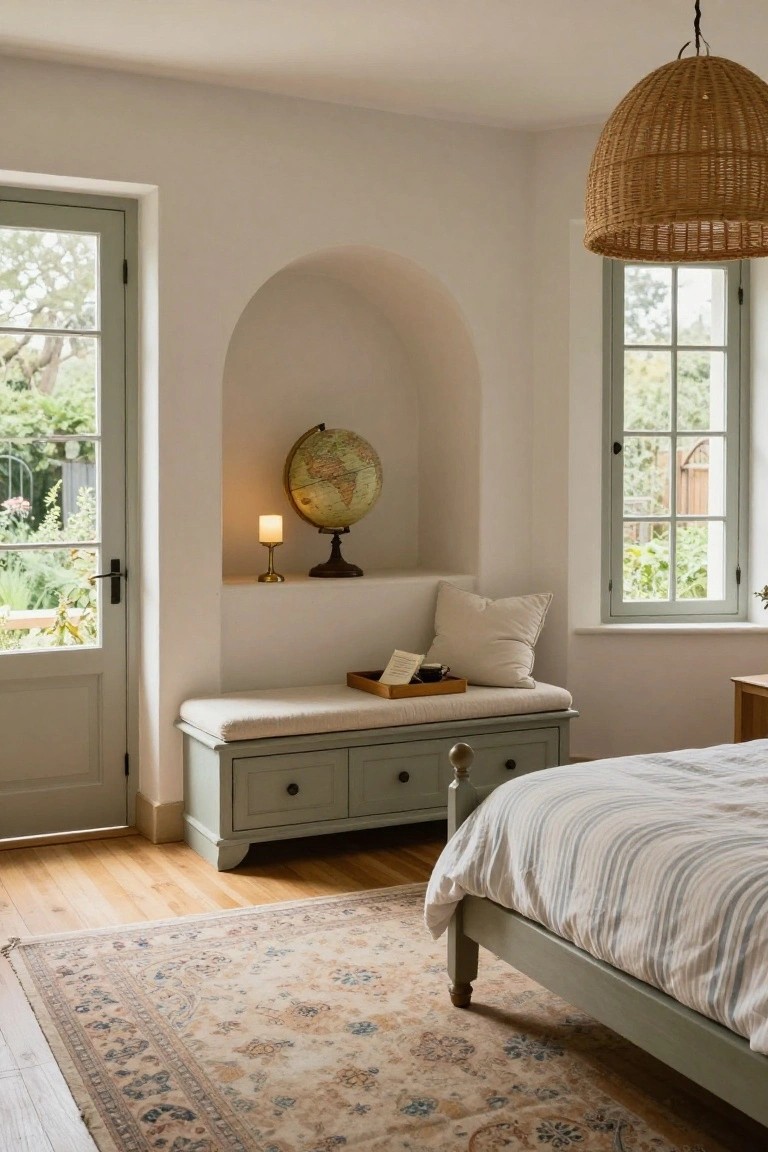 Bedroom interior with a cushioned bench in a white arched wall niche containing a globe and candle lamp on a shelf, beside open green French doors to a garden, sage green bed frame with striped bedding, wooden floors, and Persian rug.