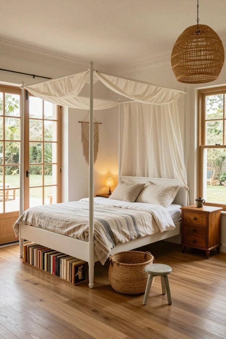 Sunlit bedroom with white four-poster bed draped in sheer white canopy, striped linen bedding, wooden nightstand with lamp, macrame wall hanging, rattan basket, books under bed frame, and large wooden doors open to garden.