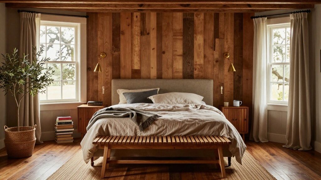 21 Gorgeous Farmhouse Master Bedroom Ideas For A Relaxed Weekend Vibe A bedroom with a beige upholstered bed and white linen bedding against a vertical wood plank accent wall, a potted olive tree to the left, wooden nightstand with mug, foot bench, seagrass rug, and window with sheer curtain overlooking oak tree branches.