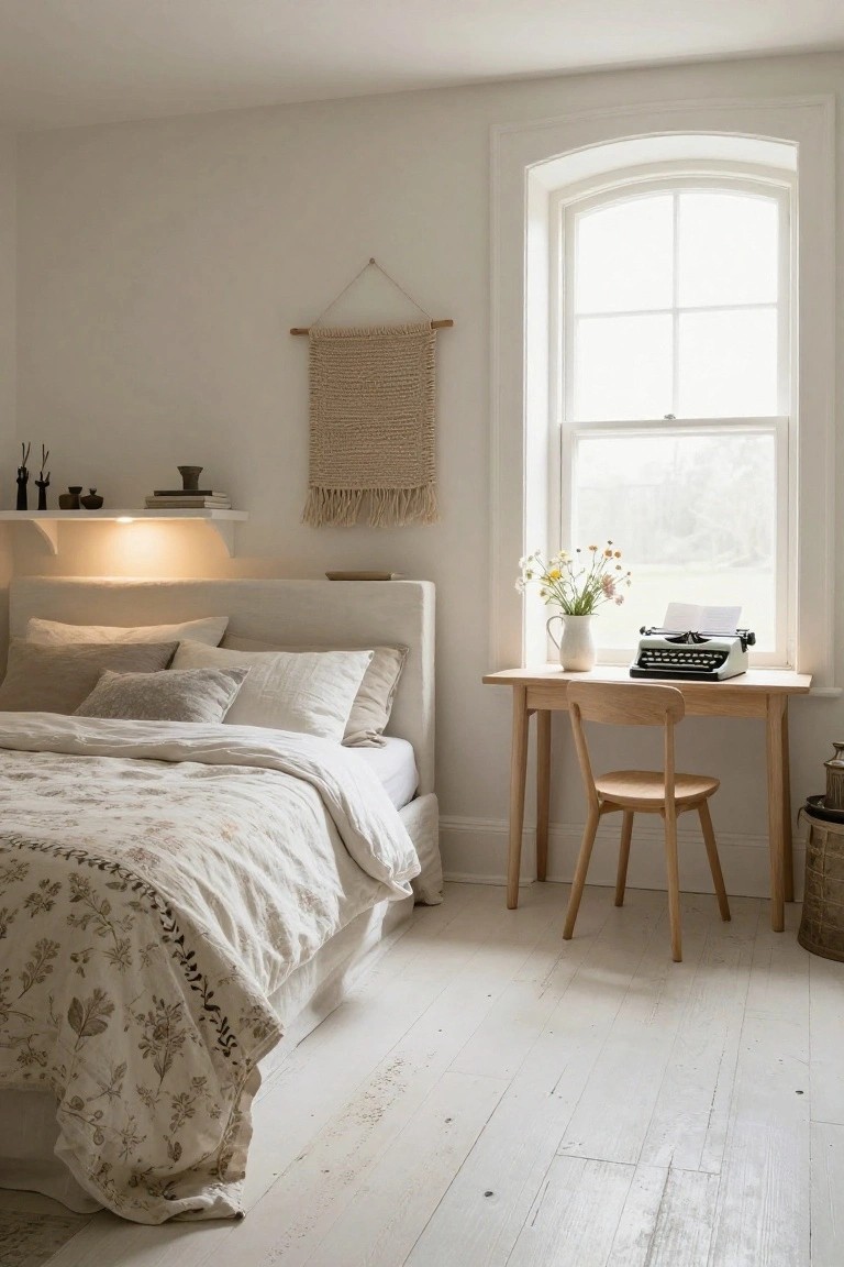 Light-filled bedroom interior with a low white bed covered in neutral floral linens, a small wooden desk and chair next to a tall arched window holding a vintage typewriter and vase of flowers, macrame wall hanging, floating shelf, and white plank floors.