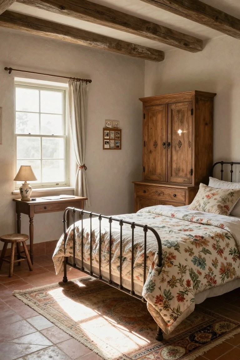 A sunlit farmhouse bedroom with exposed dark wooden ceiling beams, tall wooden armoire, wooden desk and stool, black iron bed with white floral quilt and pillows, sheer curtains on a window, and terracotta tile floor with a patterned rug.