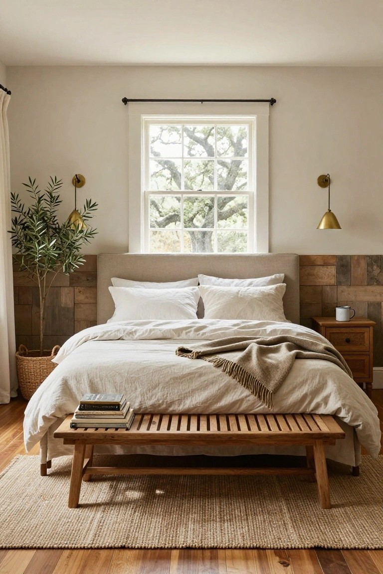 A bedroom with a beige upholstered bed and white linen bedding against a vertical wood plank accent wall, a potted olive tree to the left, wooden nightstand with mug, foot bench, seagrass rug, and window with sheer curtain overlooking oak tree branches.