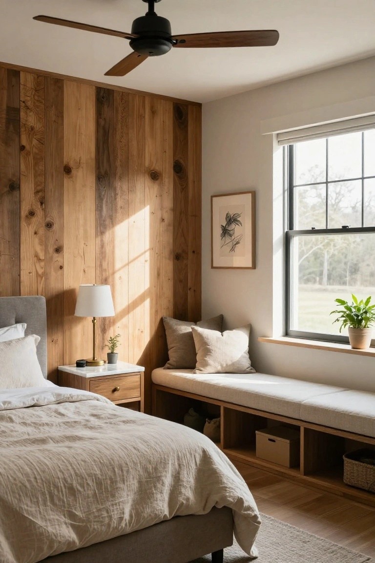 A cozy bedroom with vertical wood plank accent wall, gray upholstered bed with white linens, brass table lamp on wood nightstand, and built-in beige bench seat under black-framed window with fields outside.