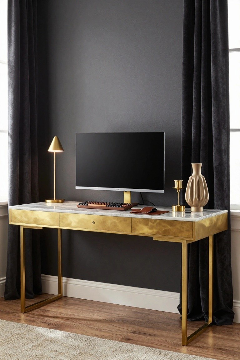 Gold metal desk with white marble top and drawers, holding a black monitor, brown keyboard, leather pad, gold lamp, and beige vase, positioned against dark gray wall with black curtains and wood floor.