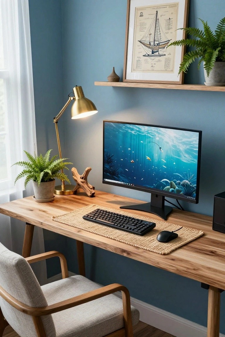 Teal home office with wooden desk, curved monitor showing underwater scene, mechanical keyboard, black mouse on seagrass mat, potted ferns, driftwood, gold lamp, and wooden chair.
