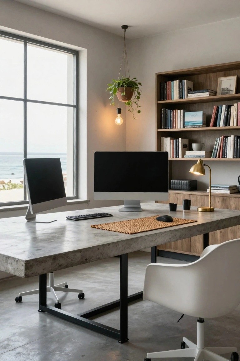 Modern interior room with large concrete-top desk on black metal legs, two black computer monitors, keyboard and mouse on woven mat, white molded chair, wooden bookshelves filled with books, brass desk lamp, hanging plant, and large window overlooking ocean and beach.
