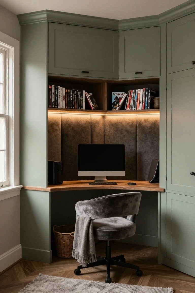 Corner built-in desk setup with sage green cabinets, open bookshelves stocked with books and DVDs, wood desk top holding iMac monitor, keyboard, black PC tower, speakers, gray velvet swivel chair, LED strip lighting under shelves, wicker basket, throw blanket, hardwood floor, and window in background.