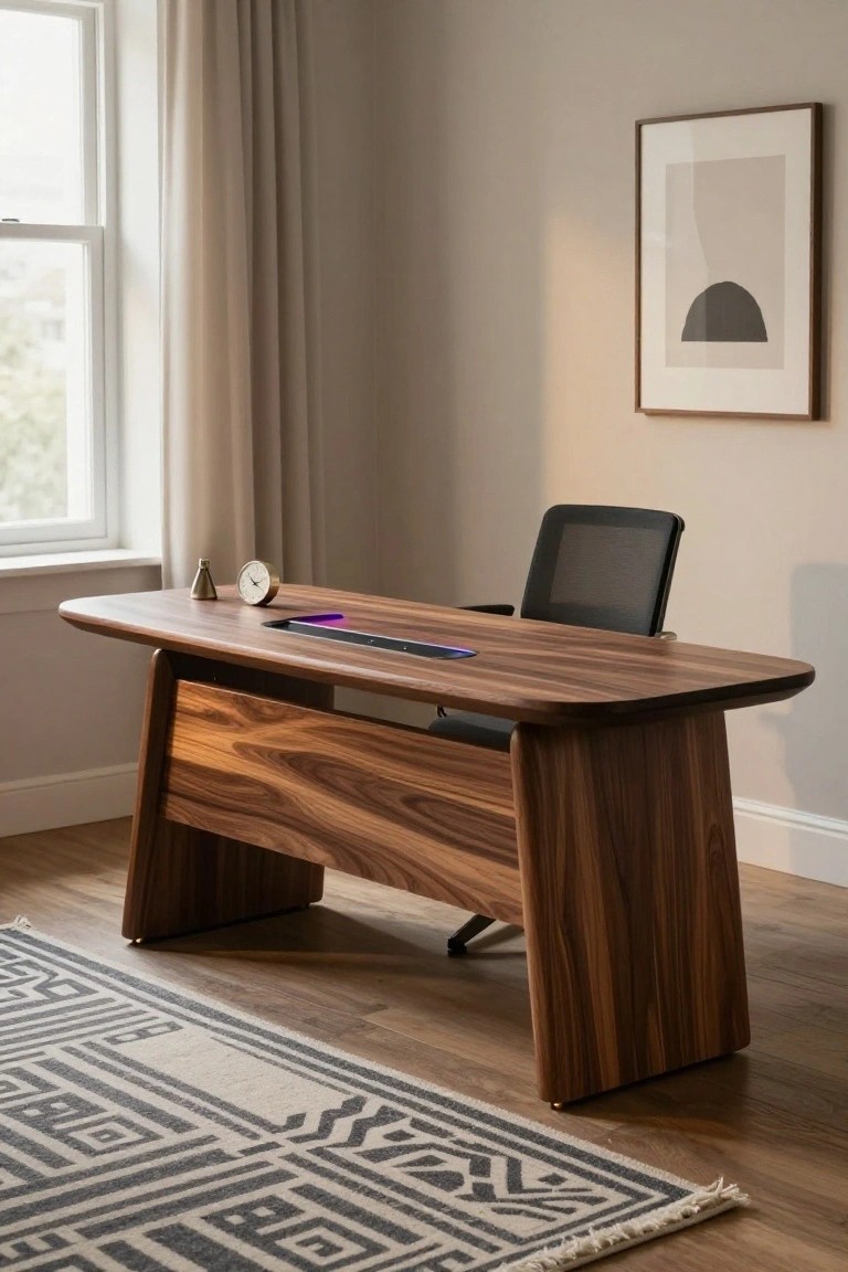 Curved wooden desk with integrated glowing charging dock, gold clock and vase on top, black mesh office chair, in a beige room with window, beige rug, and abstract wall art.