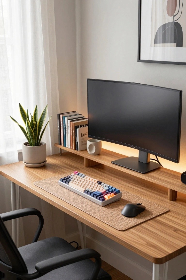 Wooden desk with upper shelf holding curved black monitor, colorful mechanical keyboard with custom keycaps below, woven desk mat, black mouse, potted snake plant, books, and white mug beside a window in a light gray room.