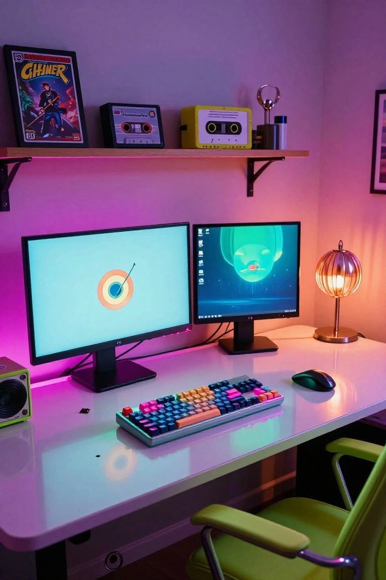 White gaming desk with dual flat-screen monitors, multicolored mechanical keyboard, green computer mouse, RGB lighting strips, small speaker, and green chair in purple-lit room with shelves holding retro cassette players, posters, and lamp.