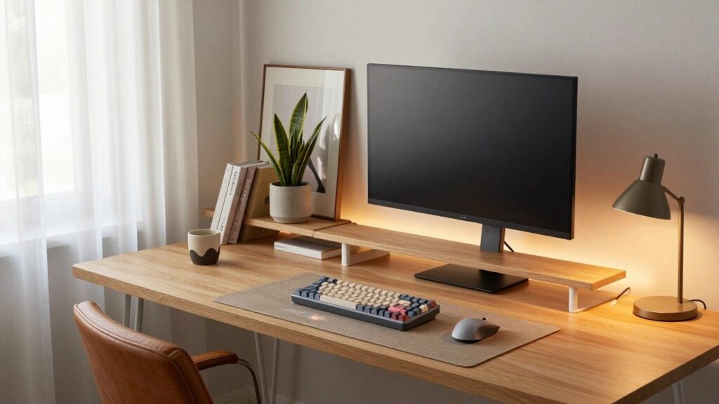 Wooden desk with upper shelf holding curved black monitor, colorful mechanical keyboard with custom keycaps below, woven desk mat, black mouse, potted snake plant, books, and white mug beside a window in a light gray room.