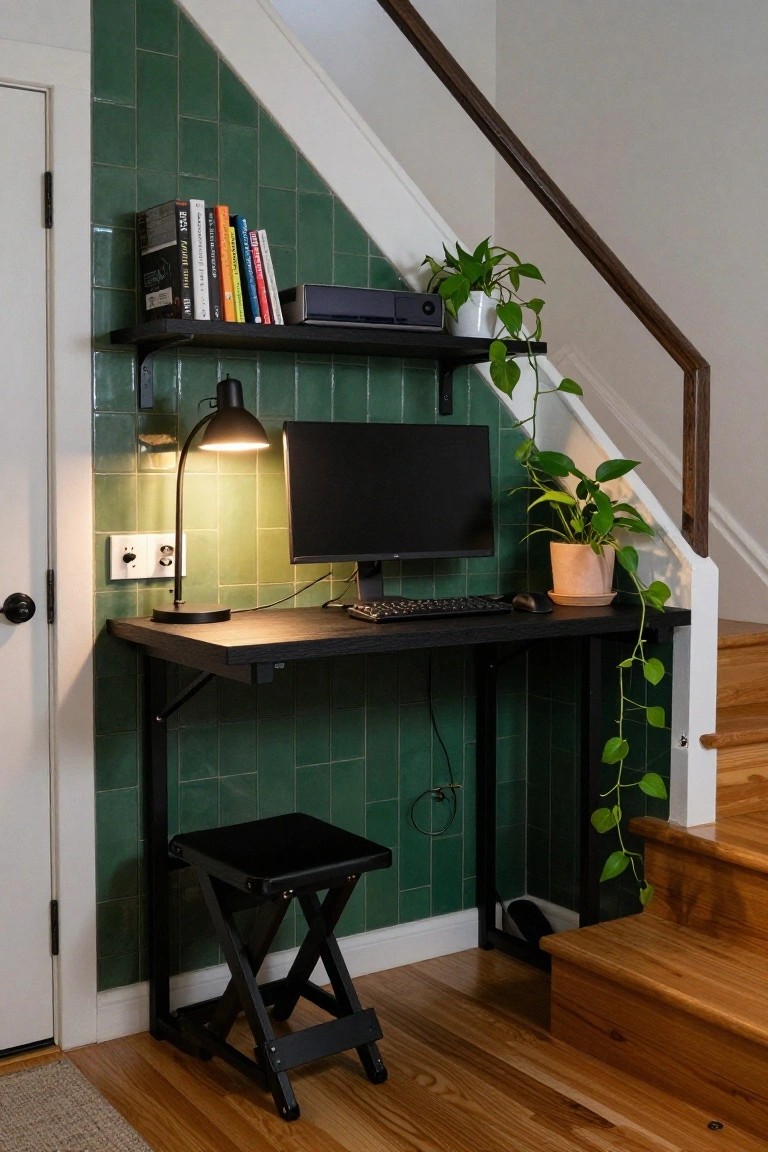 A black desk with monitor, keyboard, mouse, and lamp positioned in a green tiled nook under wooden stairs, featuring black shelves with books and a media player above, potted plants, and a black folding stool nearby.