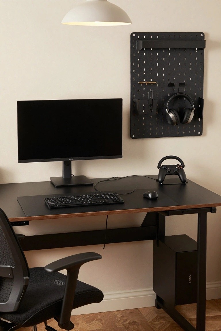 A modern black gaming desk setup featuring a curved monitor, mechanical keyboard, mouse, Xbox controller on a stand, black PC tower underneath, mesh office chair, and a black pegboard wall panel holding over-ear headphones and accessories.