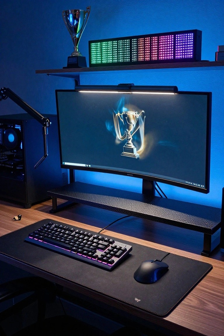Gaming desk setup with curved monitor on a black stand, RGB mechanical keyboard and mouse on a large black pad, PC tower nearby, adjustable boom arm, trophy and multicolored LED panels on a wall shelf, blue ambient lighting in the room.