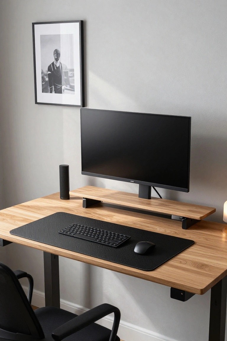 Wooden standing desk setup with black monitor elevated on matching wood riser, black mechanical keyboard and mouse on desk mat, black cylindrical speaker below riser, black office chair, and black-and-white framed portrait on gray wall.