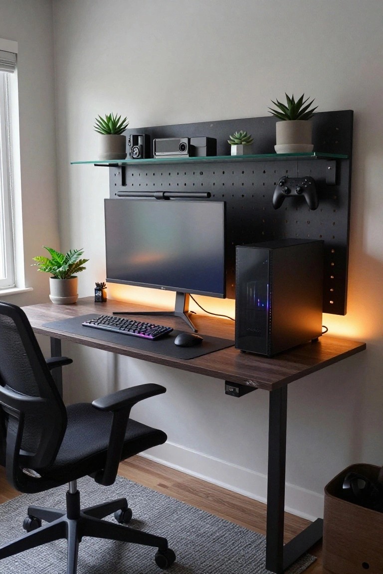 A gaming desk setup featuring a black pegboard wall panel with mounted Xbox controllers, speakers, plants, and shelves above a curved monitor, RGB keyboard, mouse, black PC tower, adjustable wood desk, and mesh chair in a light room.