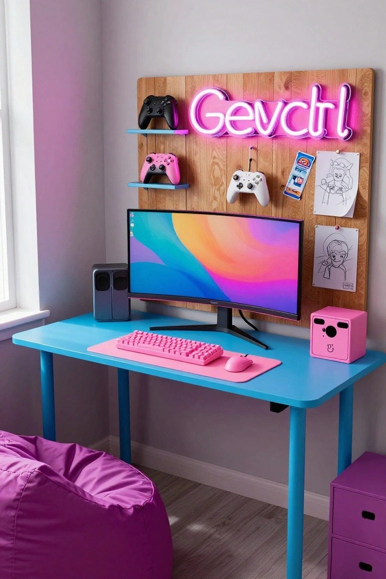 A blue desk in a corner room with a curved monitor, pink mechanical keyboard, pink mouse, gray speakers, wooden wall shelf holding Xbox controllers and a pink neon 