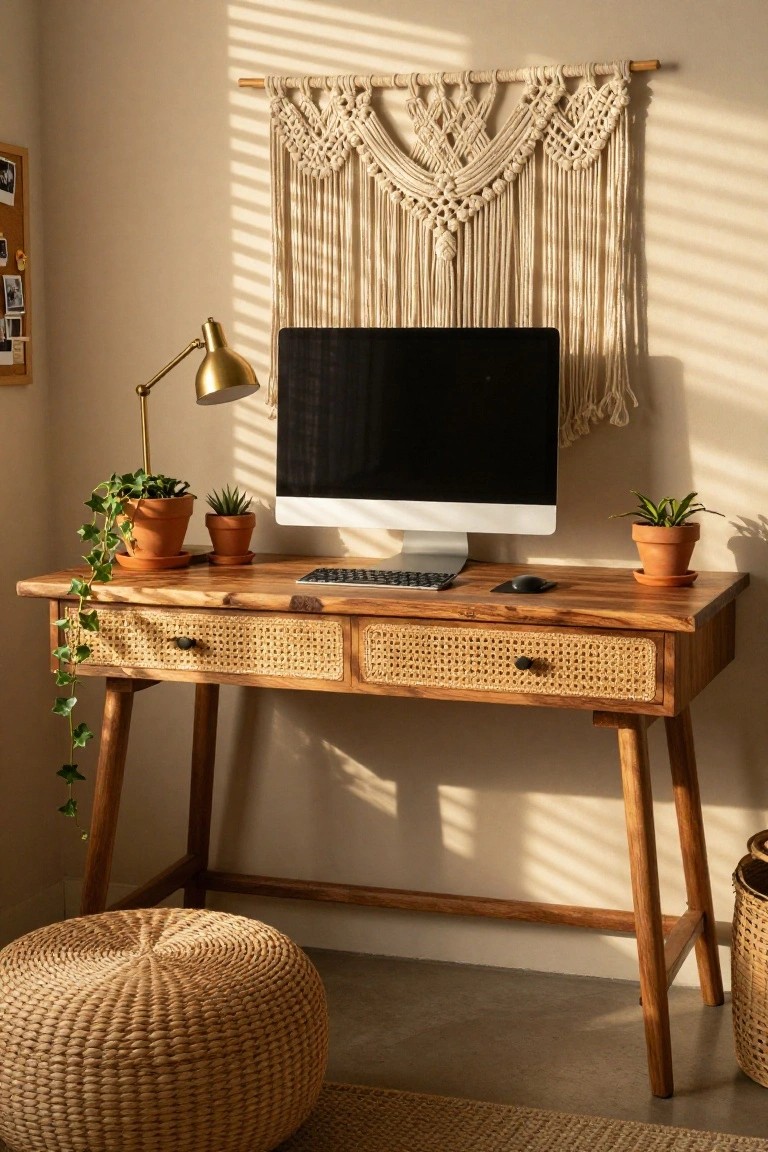Sunlit room featuring a wooden desk with rattan drawer fronts, iMac monitor, keyboard, mouse, gold desk lamp, potted plants including trailing ivy and succulents, macrame wall hanging, corkboard, and woven pouf stool on a jute rug.