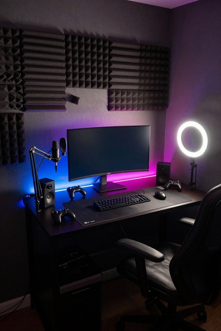Dark gaming desk setup with curved monitor, mechanical keyboard, boom microphone arm, speakers, controllers, ring light, acoustic foam panels on walls, and purple-blue RGB LED strips along shelves and desk edges.