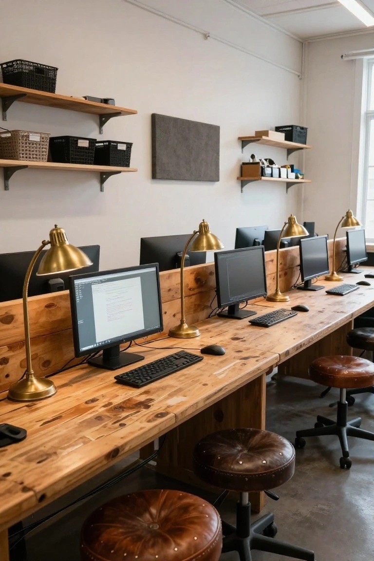 Long wooden desk with six computer monitors, keyboards, brass lamps, and leather stools lined up in a room with black plastic storage bins on wall shelves.