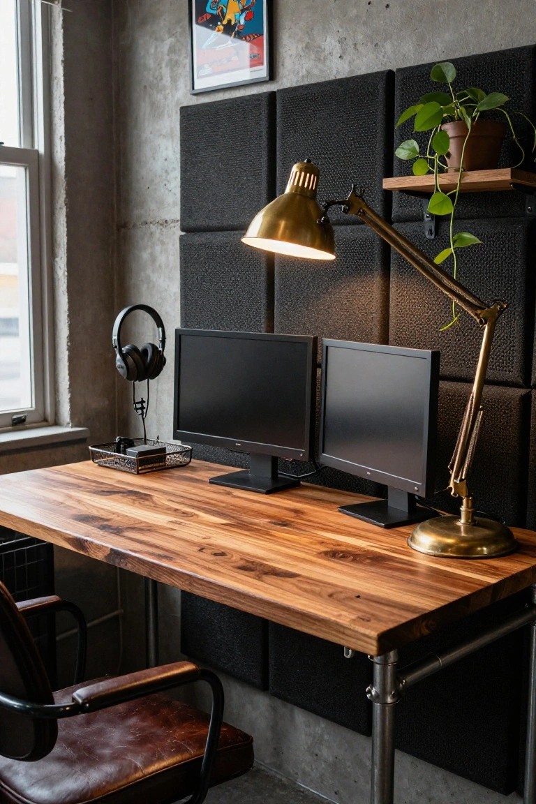 A gaming desk with a dark wood top on black metal pipe legs, holding two black monitors, headphones on a stand, a wire basket with a controller, and a gold adjustable lamp, set against concrete walls with black acoustic panels and a leather chair nearby.