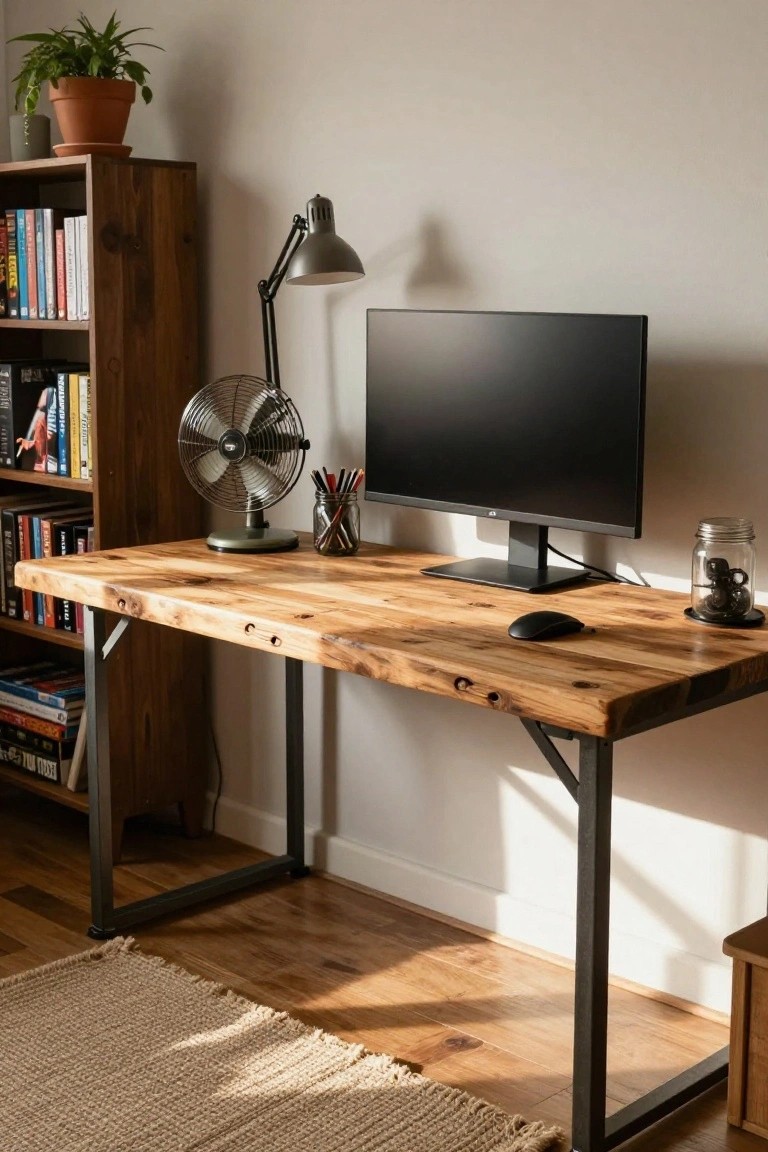 Wooden desk with black metal legs in a home office, topped with a black computer monitor, black mouse, desk lamp, fan, and pencil holder, next to a wooden bookshelf with books.