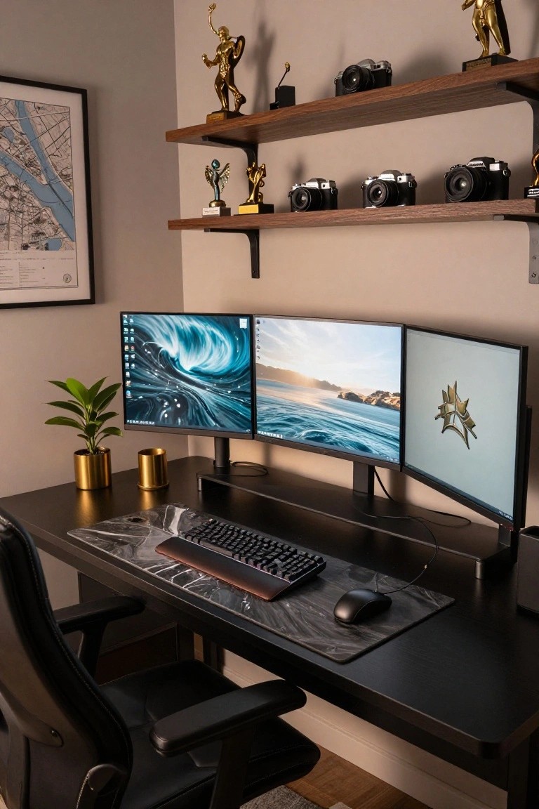 A black gaming desk with a triple monitor setup on a central stand, white marble mouse pad, mechanical keyboard, gold plant pots, and floating wood shelves displaying trophies and vintage cameras in a modern room.